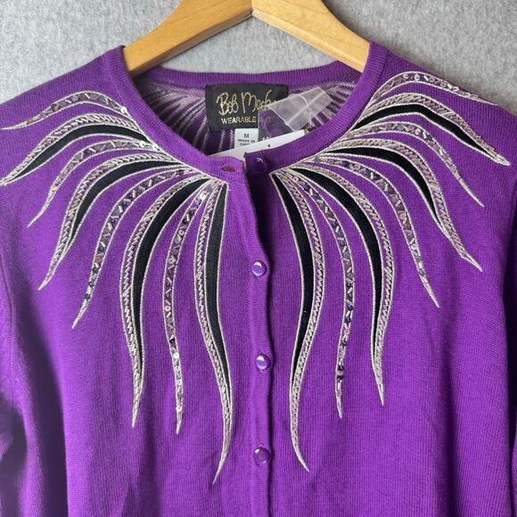 NWT Bob Mackie Cardigan Sweater Women’s Medium Purple Wearable Art Sequins Retro - Picture 10 of 11